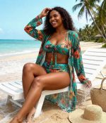Tropical Floral 3-Piece Bikini Set with Kimono Cover-Up - Image 2