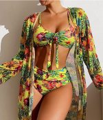 Tropical Floral 3-Piece Bikini Set with Kimono Cover-Up - Image 5