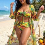 Tropical Floral 3-Piece Bikini Set with Kimono Cover-Up