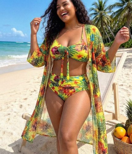 Tropical Floral 3-Piece Bikini Set with Kimono Cover-Up
